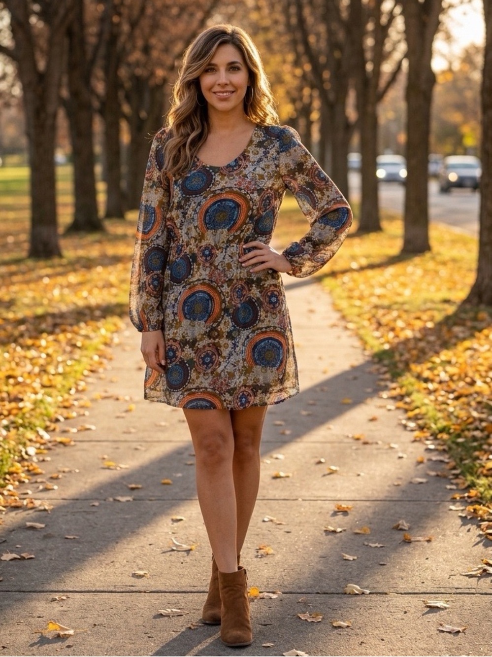UMGEE Boho Medallion Print Long-Sleeve Dress - Blue‎ & Brown / Size Medium